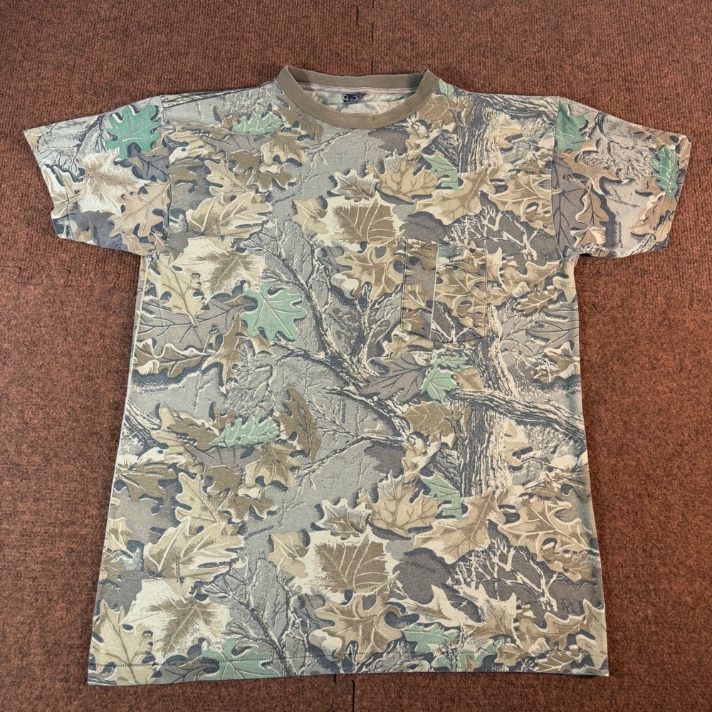 Ace Sportswear Advantage Camo Pocket T-Shirt Mens Large Leaf Print USA Made vtg